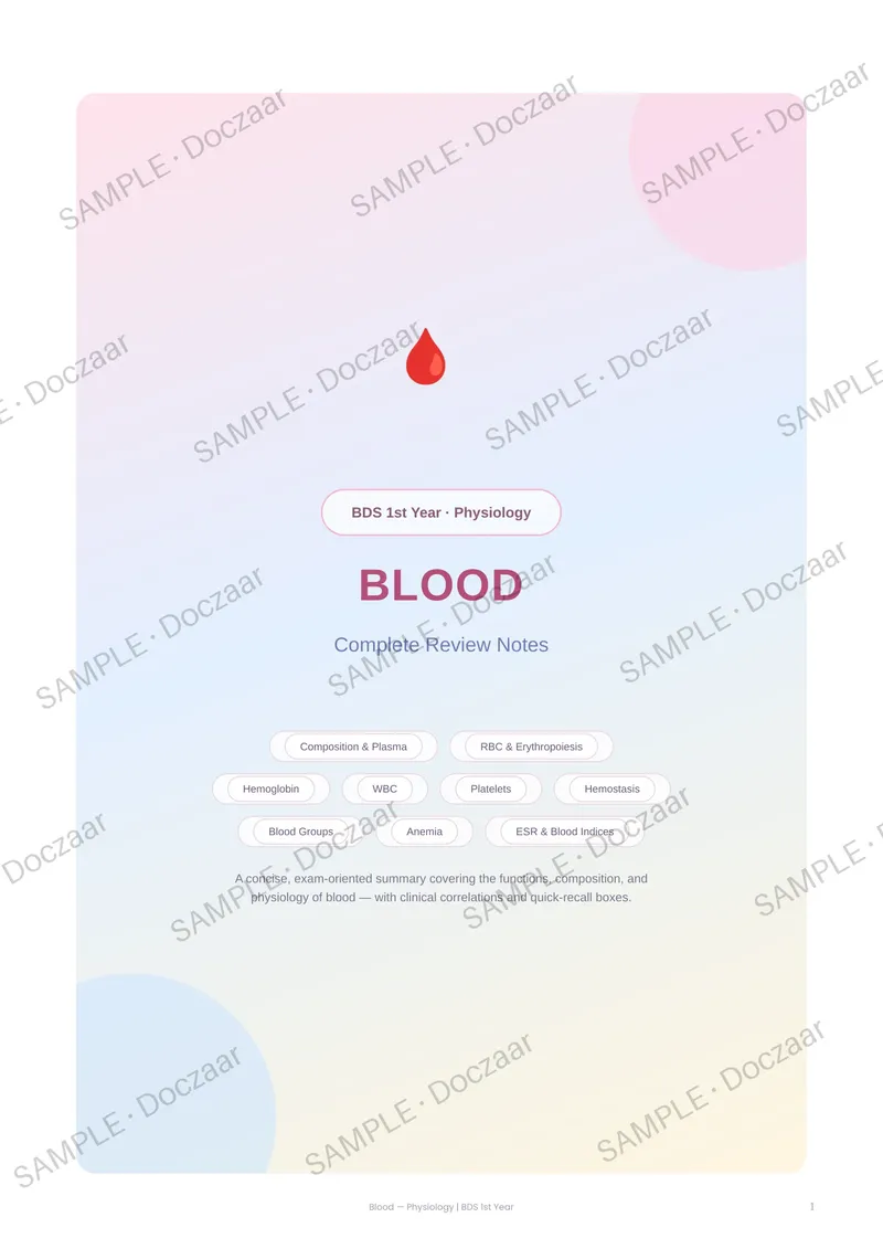 Preview page 1 of ( Blood ) physiology Review notes for BDS 1st Year