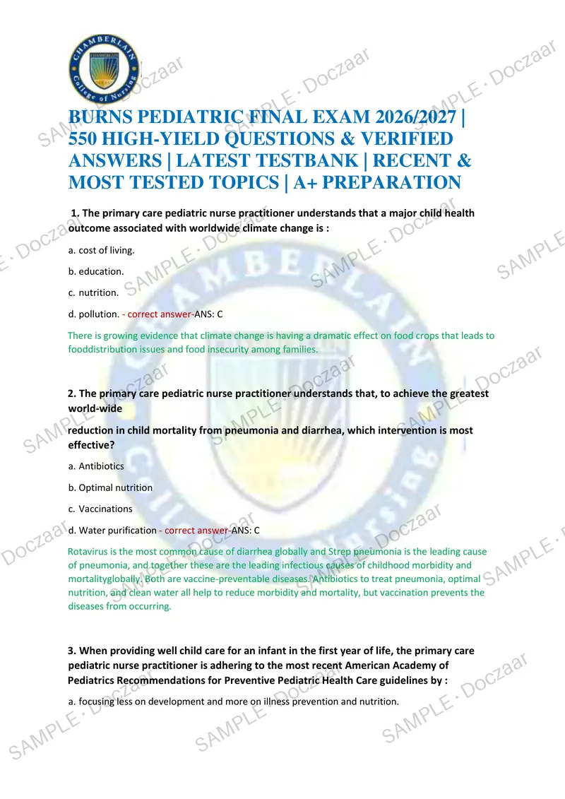 Preview page 1 of BURNS PEDIATRIC FINAL EXAM 2026/2027 | 550 HIGH-YIELD QUESTIONS & VERIFIED ANSWERS | LATEST TESTBANK | RECENT & MOST TES