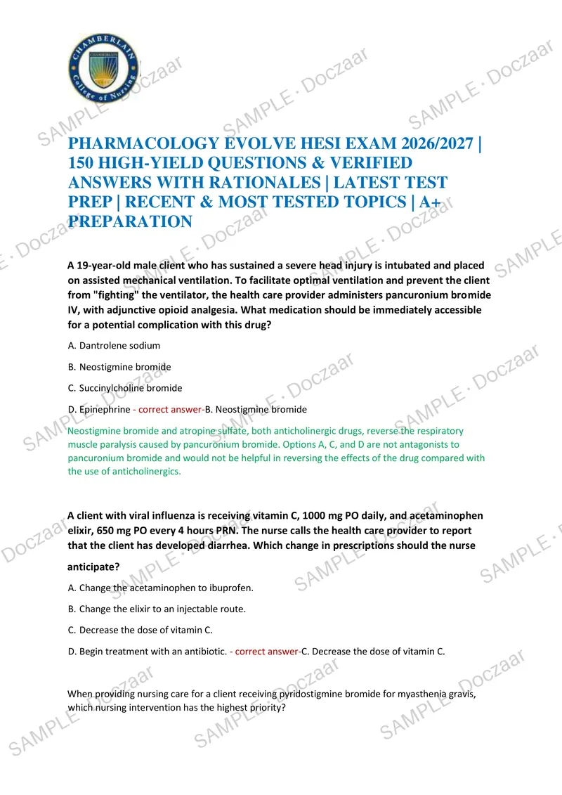 Preview page 1 of PHARMACOLOGY EVOLVE HESI EXAM 2026/2027 | 150 HIGH-YIELD QUESTIONS & VERIFIED ANSWERS WITH RATIONALES | LATEST TEST PREP