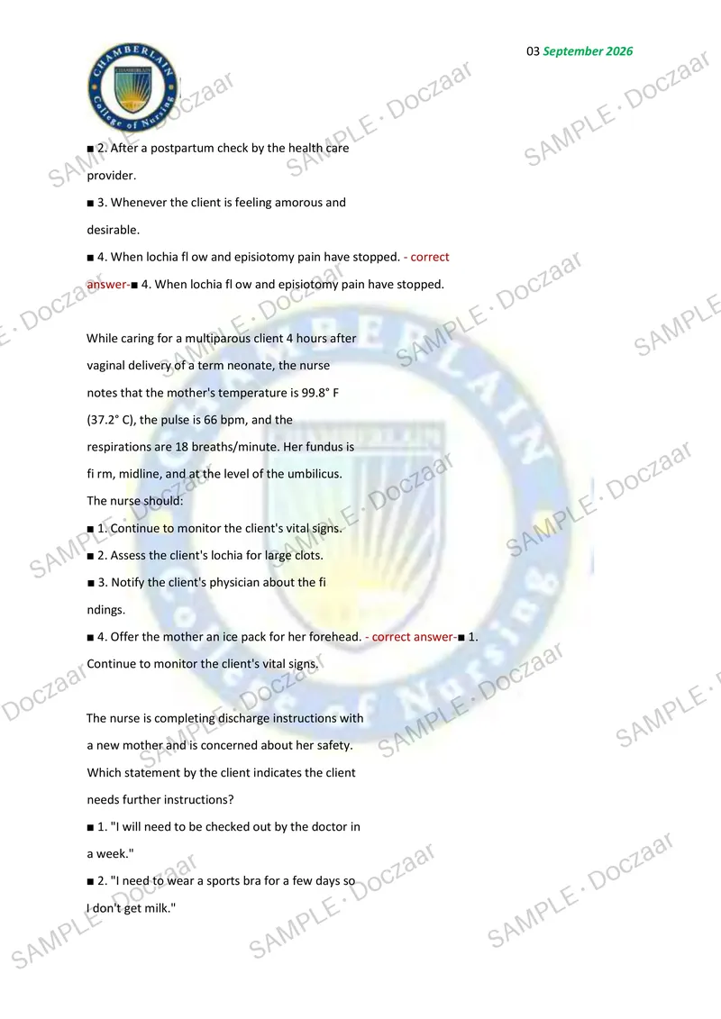Preview page 11 of OB FINAL EXAM 2026/2027 | 130 HIGH-YIELD QUESTIONS & VERIFIED ANSWERS | LATEST TEST PREP | RECENT & MOST TESTED TOPICS |