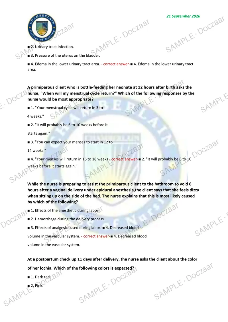 Preview page 4 of OB FINAL EXAM 2026/2027 | 130 HIGH-YIELD QUESTIONS & VERIFIED ANSWERS | LATEST TEST PREP | RECENT & MOST TESTED TOPICS |