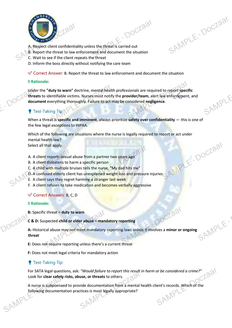 Preview page 18 of NR326 MENTAL HEALTH EXAM 1 2026/2027 | 100 HIGH-YIELD QUESTIONS & VERIFIED ANSWERS WITH RATIONALES & TEST-TAKING TIPS |