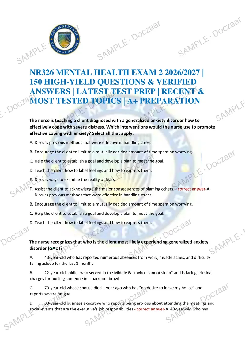 Preview page 1 of NR326 MENTAL HEALTH EXAM 2 2026/2027 | 150 HIGH-YIELD QUESTIONS & VERIFIED ANSWERS | LATEST TEST PREP | RECENT & MOST TE