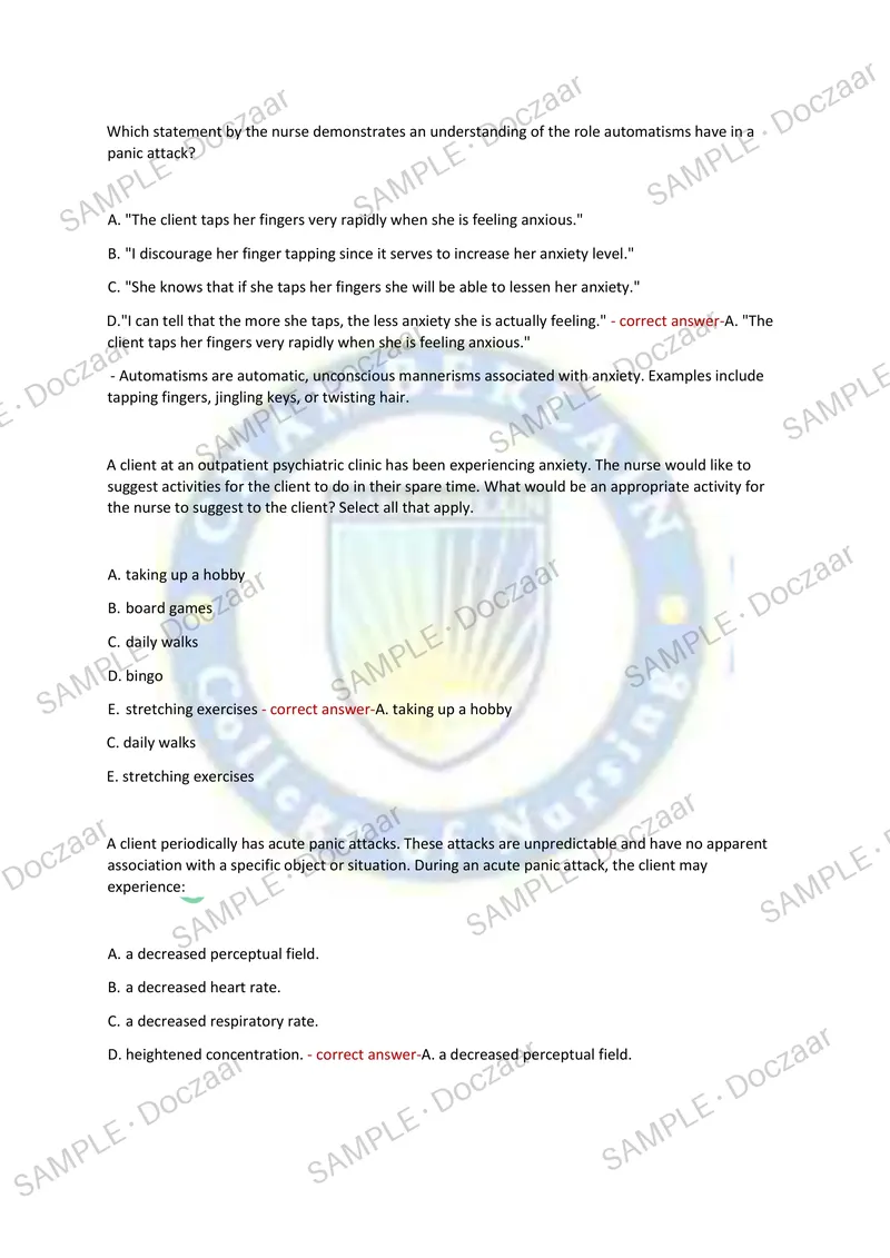 Preview page 4 of NR326 MENTAL HEALTH EXAM 2 2026/2027 | 150 HIGH-YIELD QUESTIONS & VERIFIED ANSWERS | LATEST TEST PREP | RECENT & MOST TE