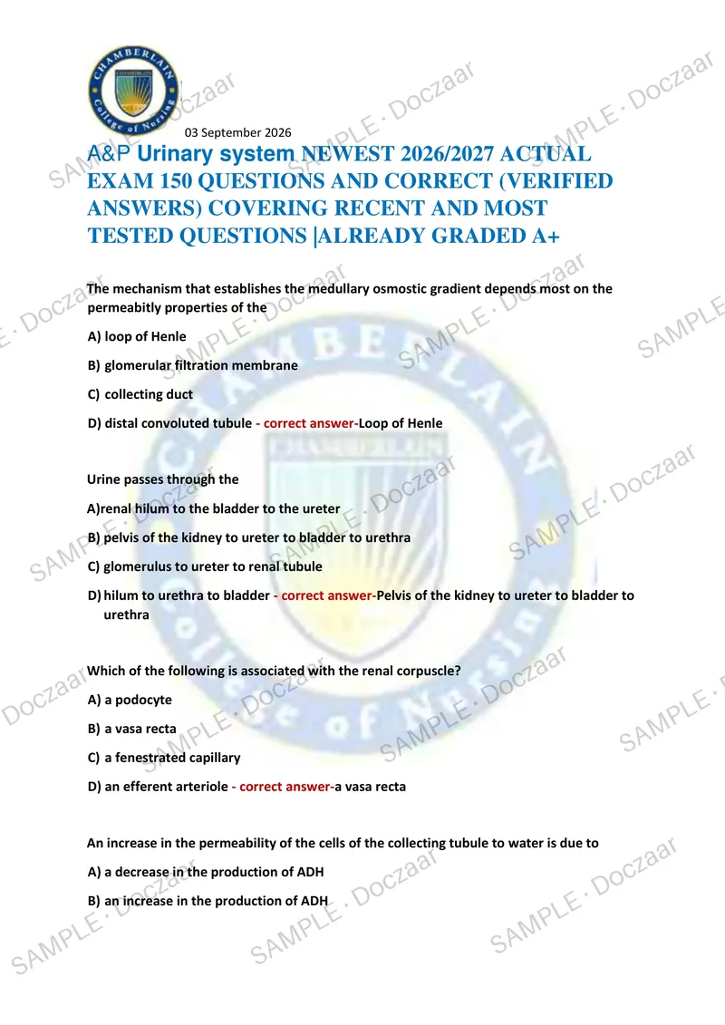 Preview page 1 of A&P Urinary system NEWEST 2026/2027 ACTUAL EXAM 150 QUESTIONS AND CORRECT (VERIFIED ANSWERS) COVERING RECENT AND MOST