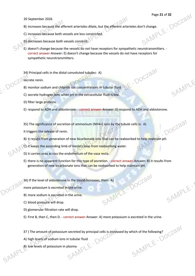 Preview page 21 of A&P Urinary system NEWEST 2026/2027 ACTUAL EXAM 150 QUESTIONS AND CORRECT (VERIFIED ANSWERS) COVERING RECENT AND MOST