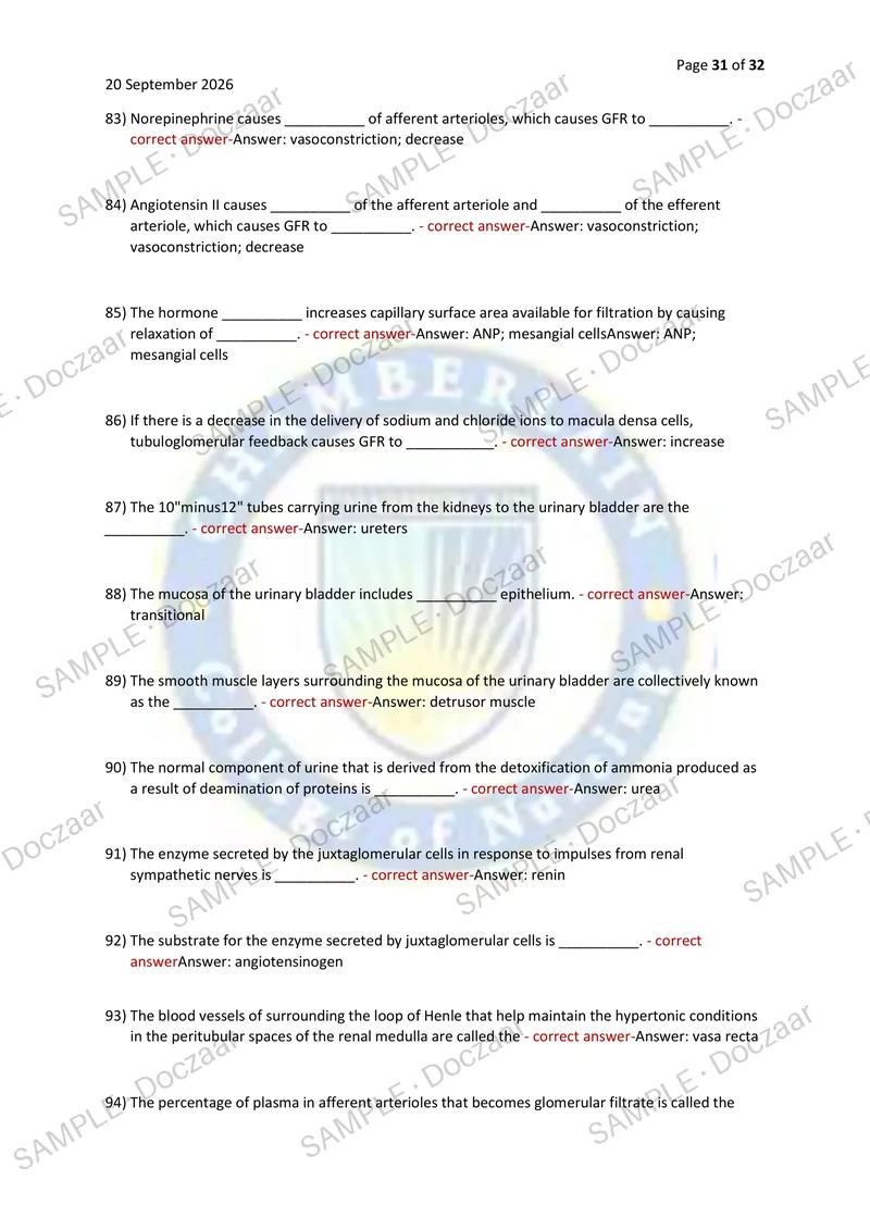 Preview page 31 of A&P Urinary system NEWEST 2026/2027 ACTUAL EXAM 150 QUESTIONS AND CORRECT (VERIFIED ANSWERS) COVERING RECENT AND MOST