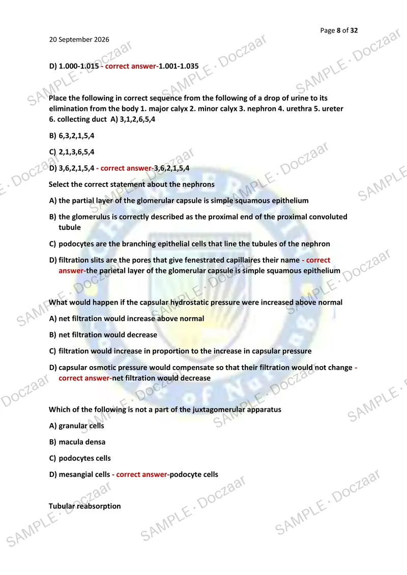 Preview page 8 of A&P Urinary system NEWEST 2026/2027 ACTUAL EXAM 150 QUESTIONS AND CORRECT (VERIFIED ANSWERS) COVERING RECENT AND MOST