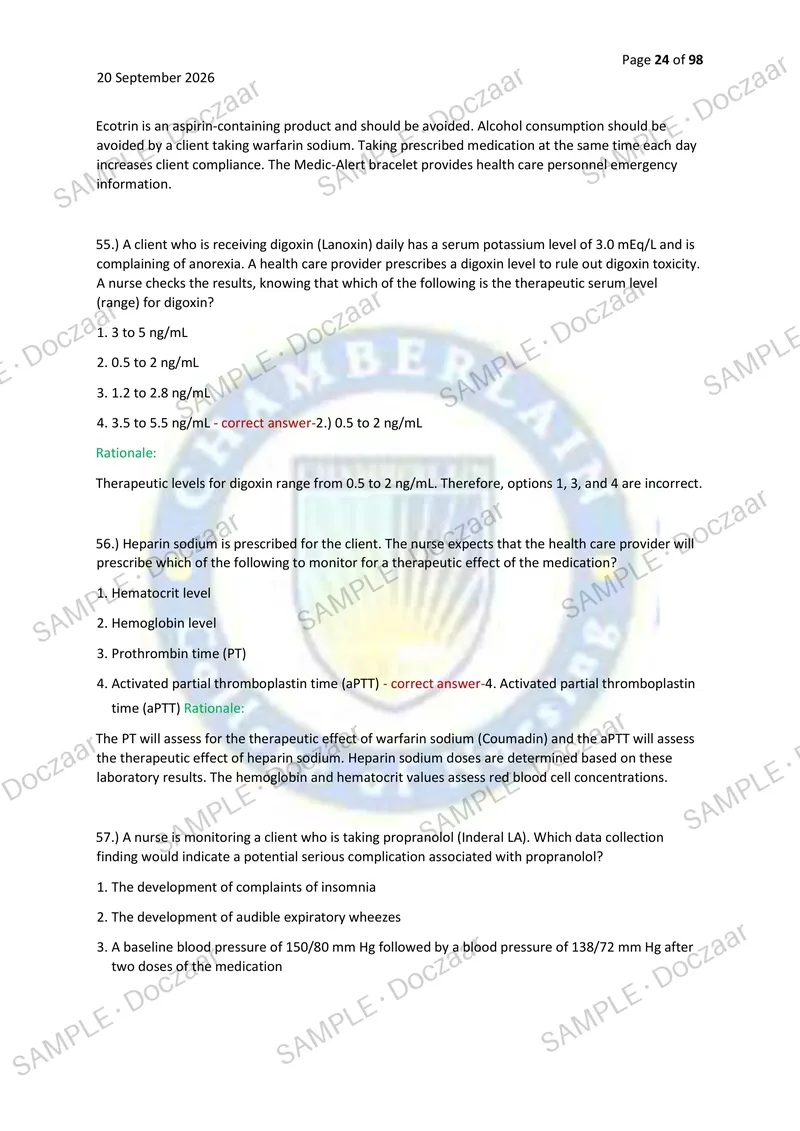 Preview page 24 of PHARMACOLOGY HESI EXIT EXAM 2026/2027 | 250 HIGH-YIELD QUESTIONS & VERIFIED ANSWERS WITH RATIONALES | LATEST TESTBANK |