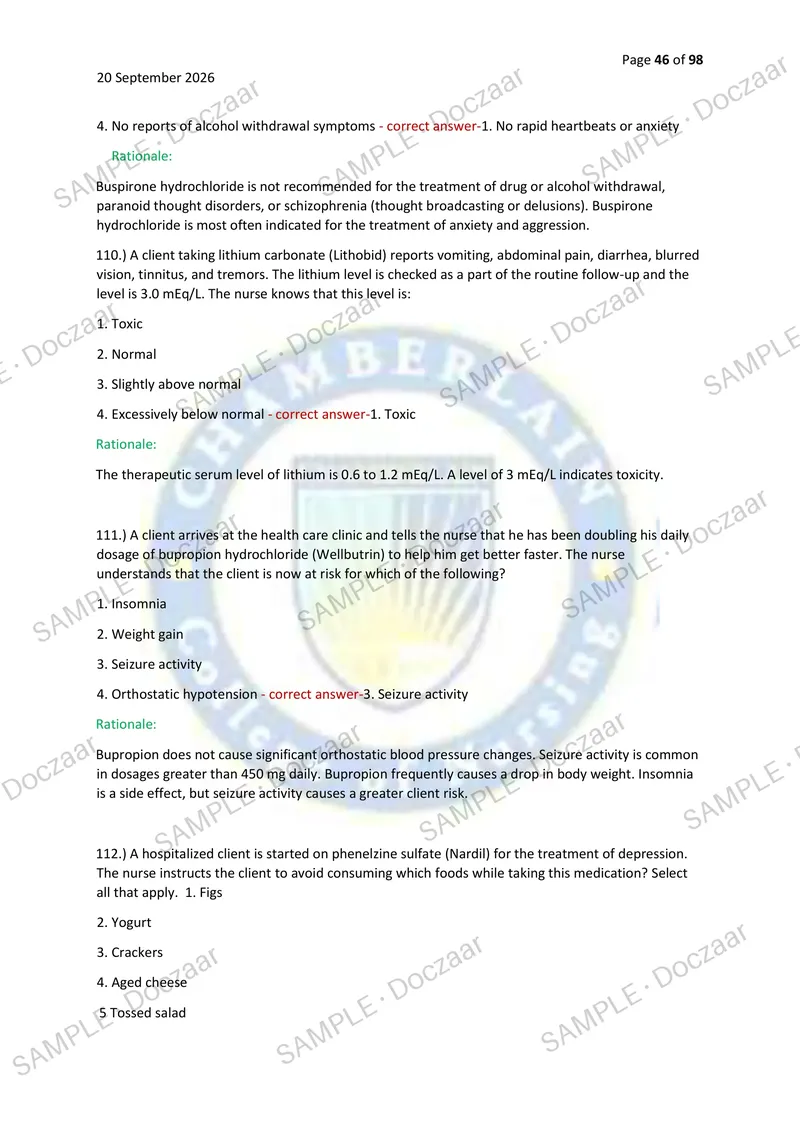 Preview page 46 of PHARMACOLOGY HESI EXIT EXAM 2026/2027 | 250 HIGH-YIELD QUESTIONS & VERIFIED ANSWERS WITH RATIONALES | LATEST TESTBANK |