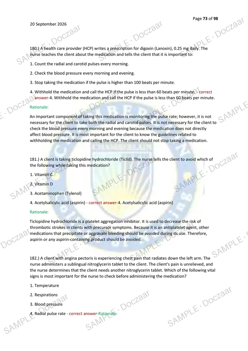 Preview page 73 of PHARMACOLOGY HESI EXIT EXAM 2026/2027 | 250 HIGH-YIELD QUESTIONS & VERIFIED ANSWERS WITH RATIONALES | LATEST TESTBANK |