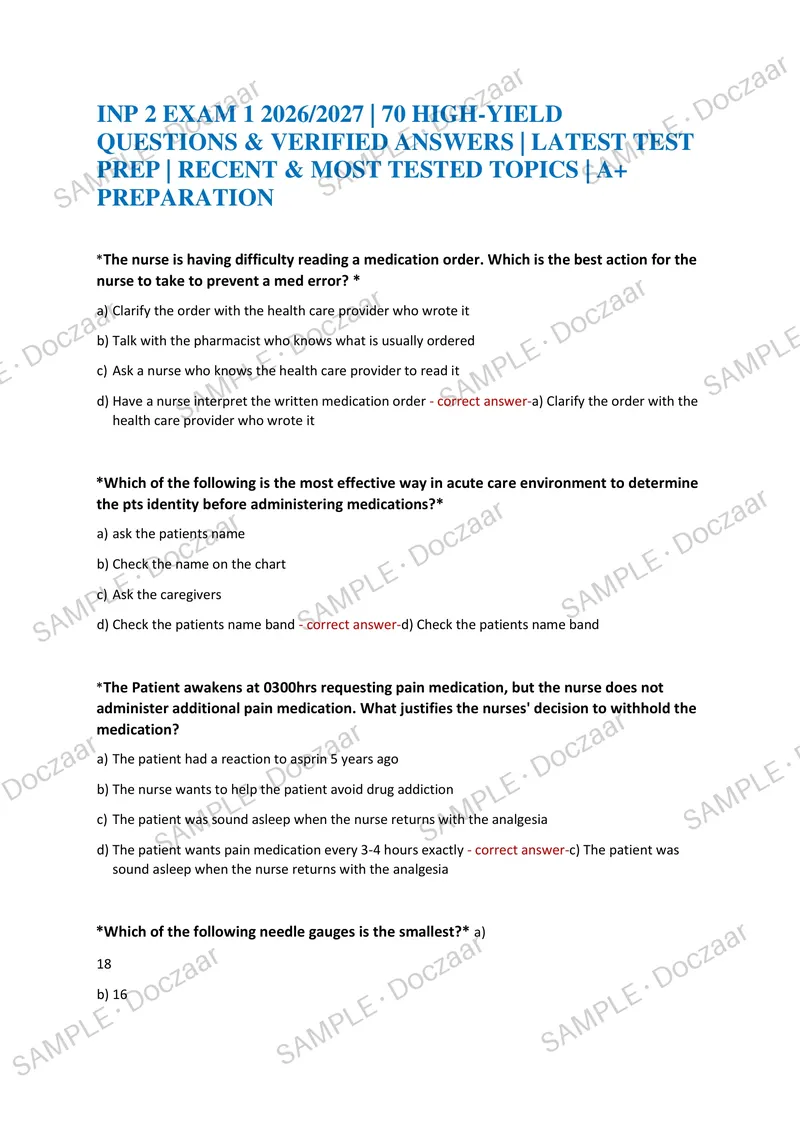 Preview page 1 of INP 2 EXAM 1 2026/2027 | 70 HIGH-YIELD QUESTIONS & VERIFIED ANSWERS | LATEST TEST PREP | RECENT & MOST TESTED TOPICS | A