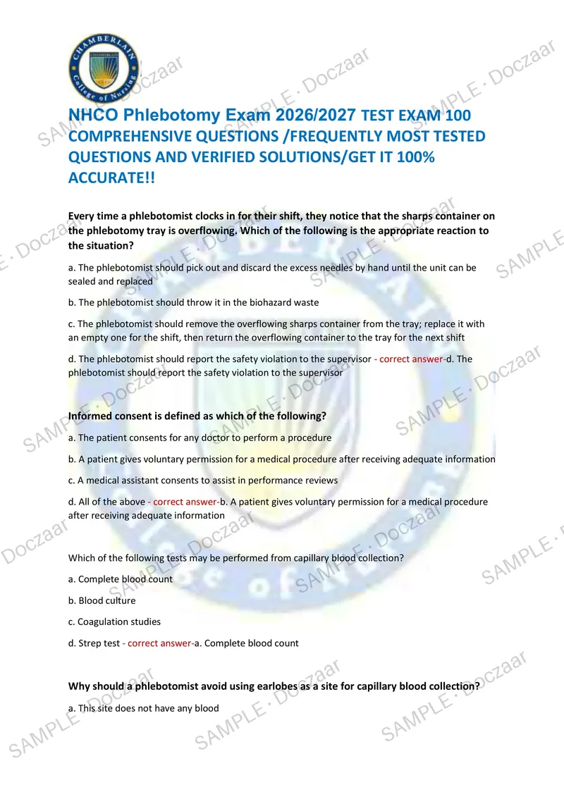 Preview page 1 of NHCO Phlebotomy Exam 2026/2027 TEST EXAM 100 COMPREHENSIVE QUESTIONS /FREQUENTLY MOST TESTED QUESTIONS AND VERIFIED SO