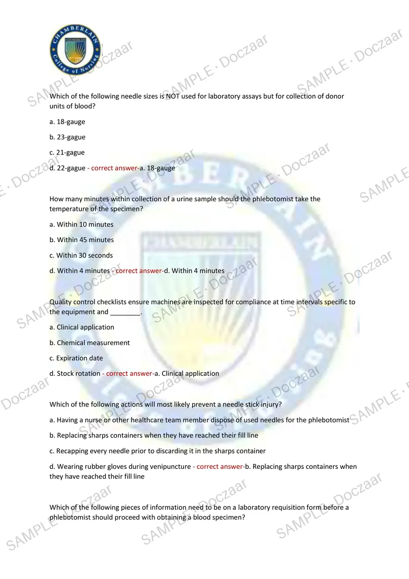 Preview page 4 of NHCO Phlebotomy Exam 2026/2027 TEST EXAM 100 COMPREHENSIVE QUESTIONS /FREQUENTLY MOST TESTED QUESTIONS AND VERIFIED SO
