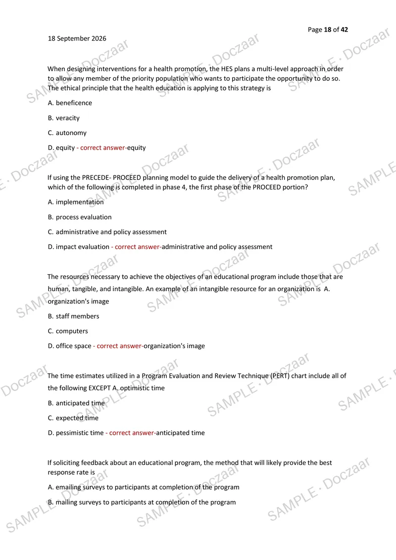 Preview page 18 of CHES EXAM 2026/2027 | 200 HIGH-YIELD QUESTIONS & VERIFIED ANSWERS | LATEST TEST PREP | RECENT & MOST TESTED TOPICS | A+