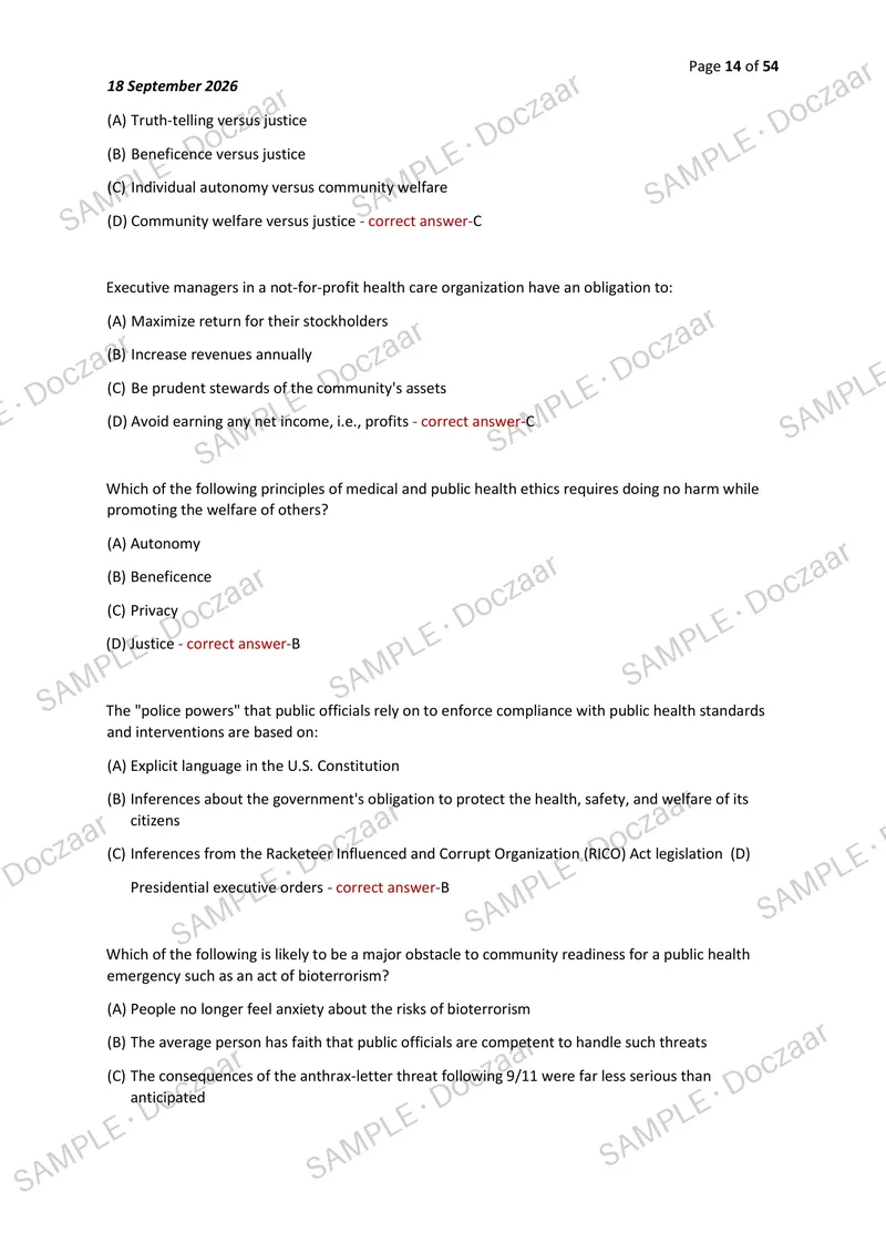 Preview page 14 of CPH EXAM 2026/2027 | 250 HIGH-YIELD QUESTIONS & VERIFIED ANSWERS | ALL SAMPLE QUESTIONS | LATEST TEST PREP | RECENT & MO