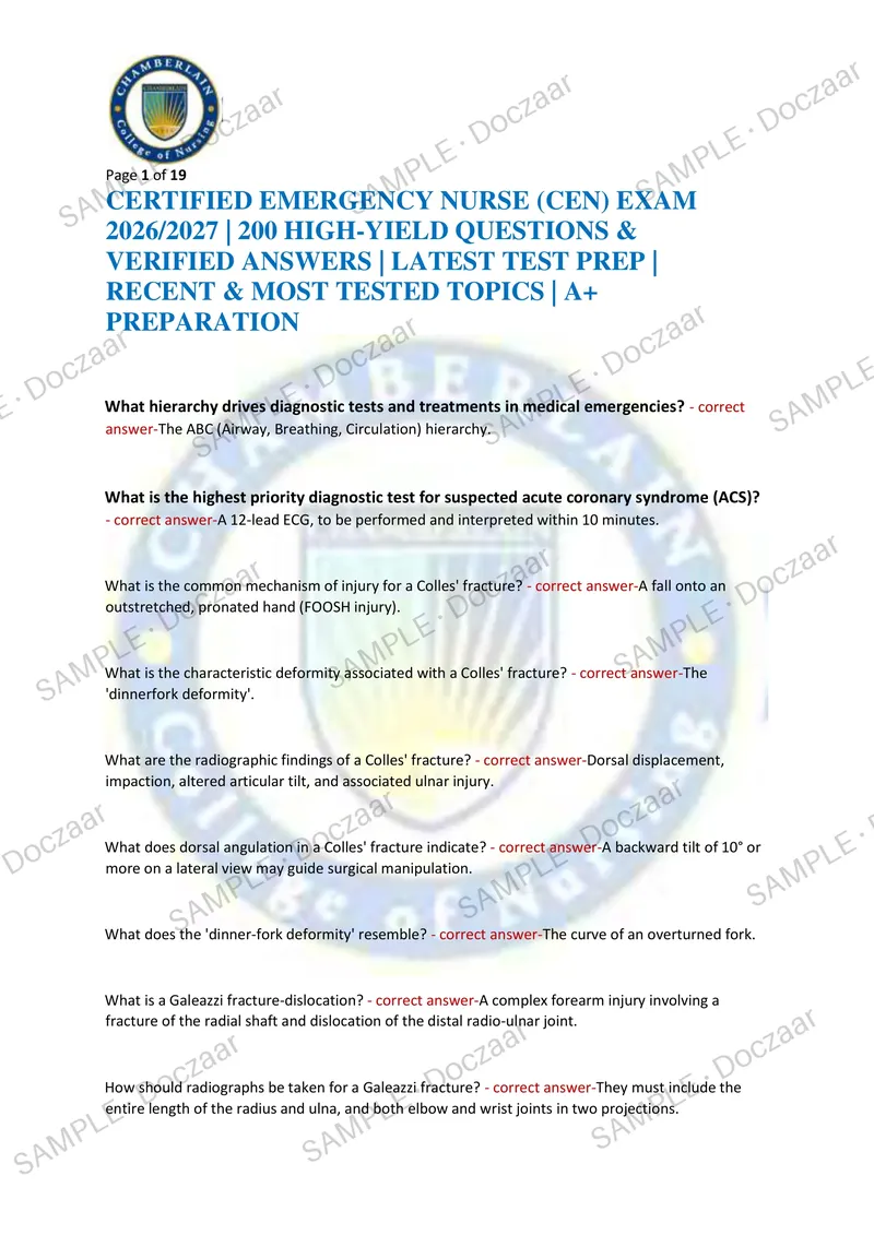 Preview page 1 of CERTIFIED EMERGENCY NURSE (CEN) EXAM 2026/2027 | 200 HIGH-YIELD QUESTIONS & VERIFIED ANSWERS | LATEST TEST PREP | RECENT