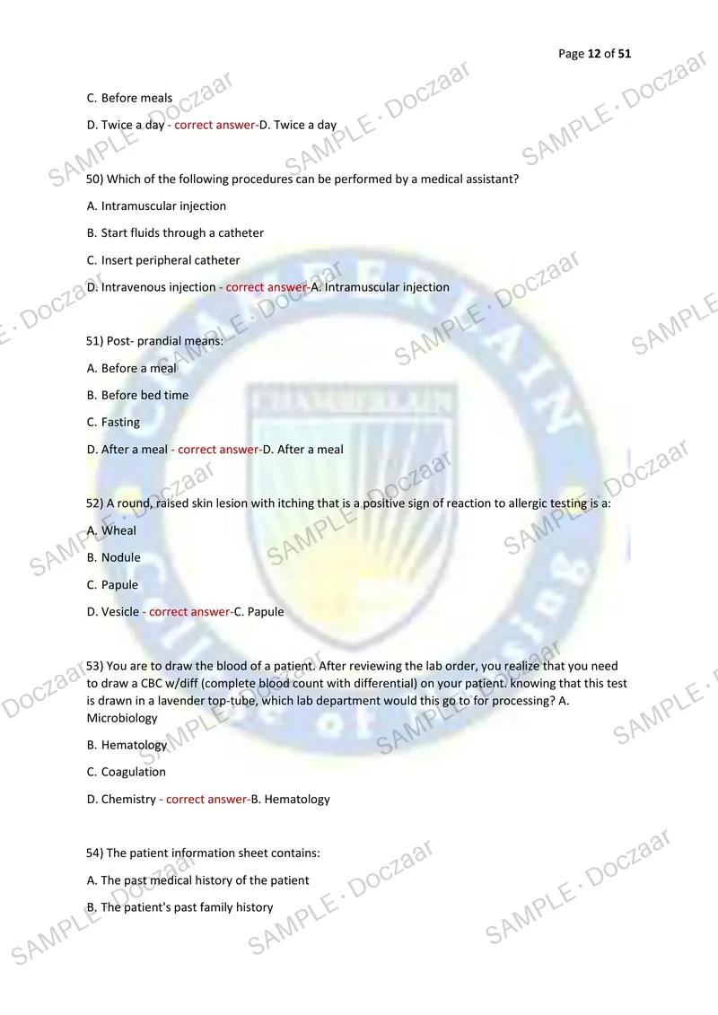 Preview page 12 of AMCA CERTIFICATION TEST - MEDICAL ASSISTING 2026/2027 | 230 HIGH-YIELD QUESTIONS & VERIFIED ANSWERS | LATEST TESTBANK |
