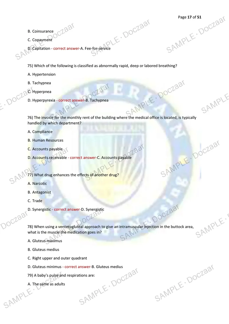 Preview page 17 of AMCA CERTIFICATION TEST - MEDICAL ASSISTING 2026/2027 | 230 HIGH-YIELD QUESTIONS & VERIFIED ANSWERS | LATEST TESTBANK |