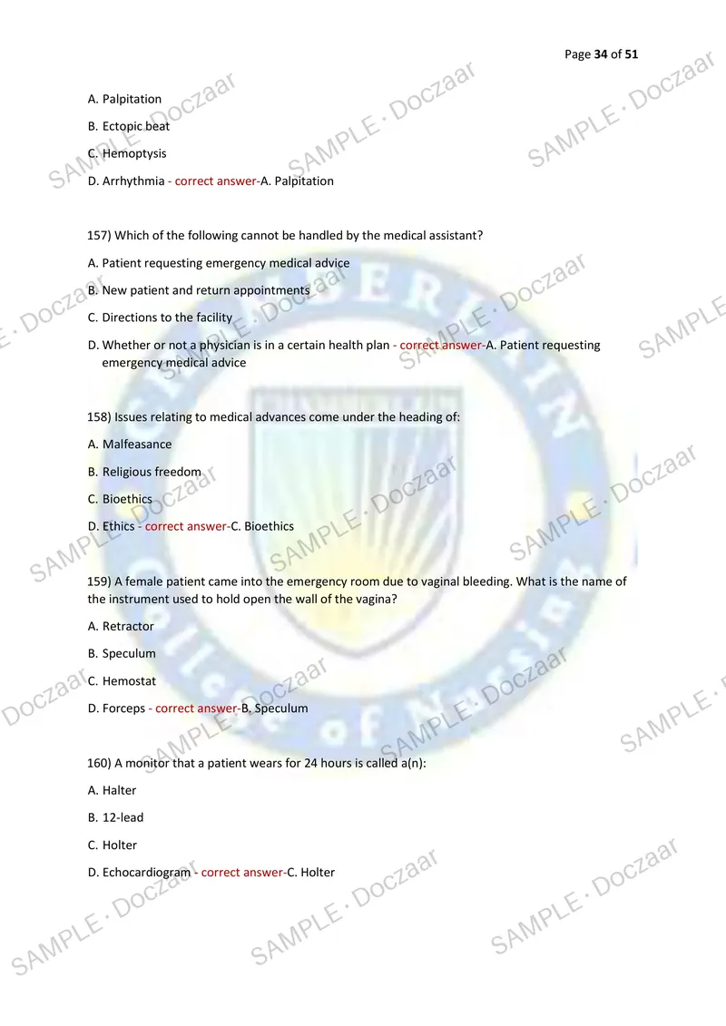 Preview page 34 of AMCA CERTIFICATION TEST - MEDICAL ASSISTING 2026/2027 | 230 HIGH-YIELD QUESTIONS & VERIFIED ANSWERS | LATEST TESTBANK |