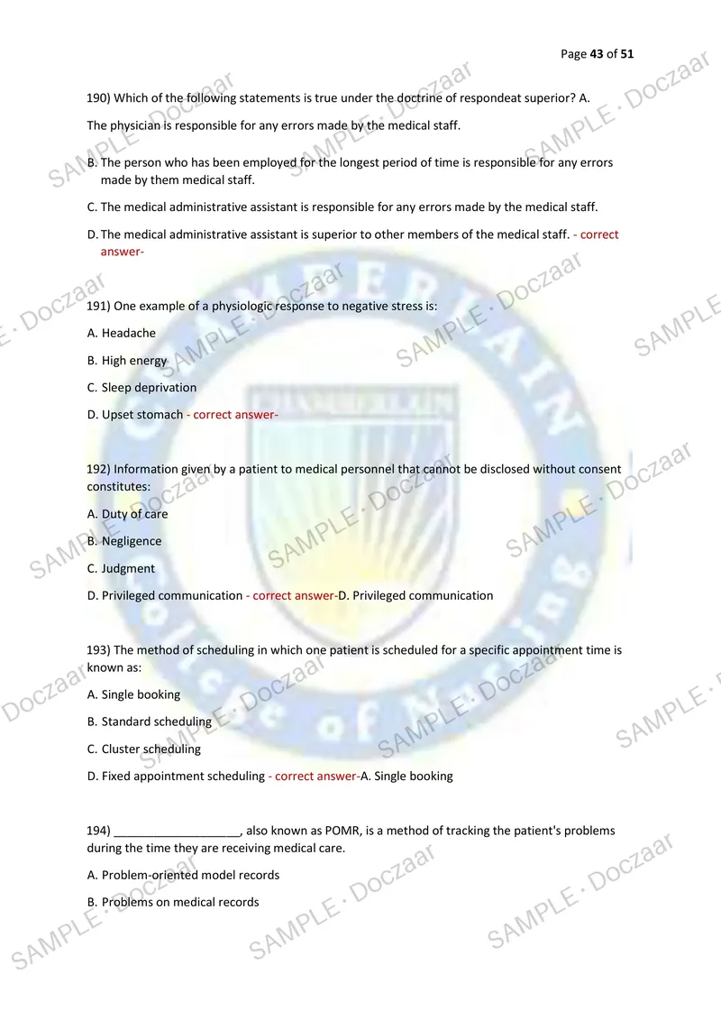 Preview page 43 of AMCA CERTIFICATION TEST - MEDICAL ASSISTING 2026/2027 | 230 HIGH-YIELD QUESTIONS & VERIFIED ANSWERS | LATEST TESTBANK |