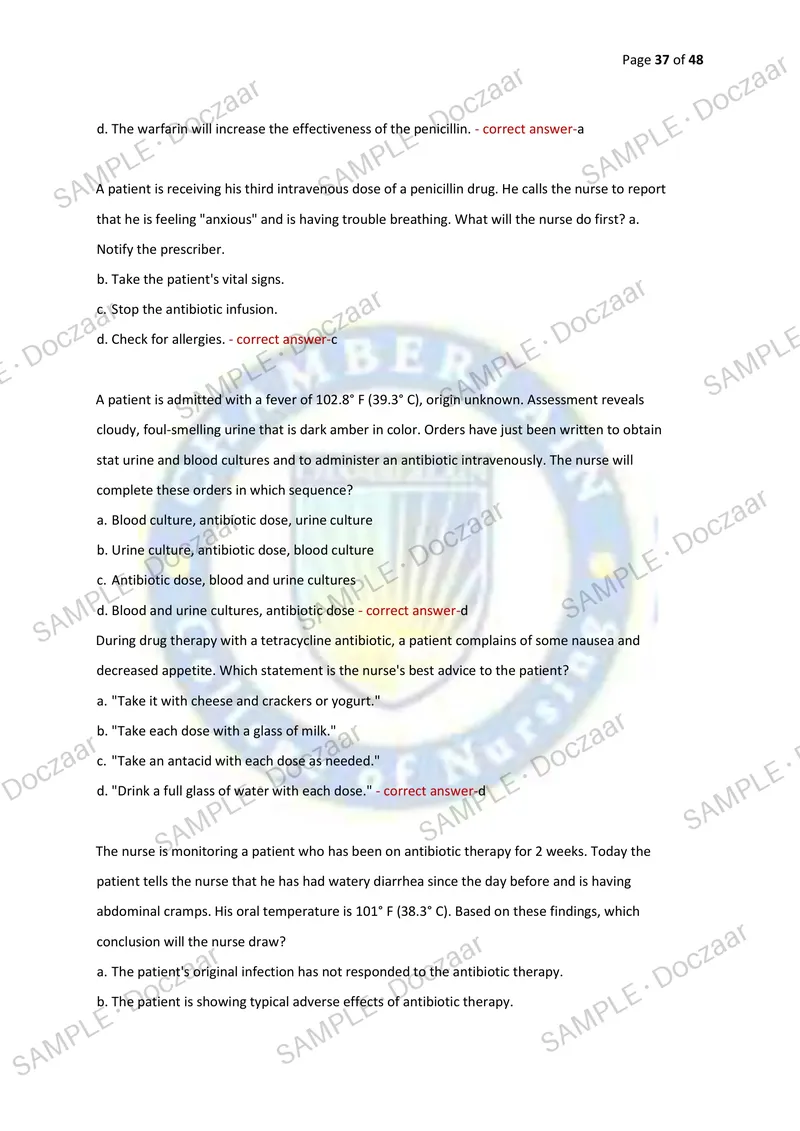 Preview page 37 of PHARMACOLOGY TEST BANK EXAM 1 2026/2027 | 200 HIGH-YIELD QUESTIONS & VERIFIED ANSWERS | LATEST TESTBANK | RECENT & MOST