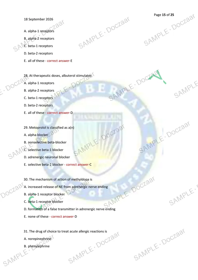 Preview page 15 of PHARMACOLOGY EXAM 1 2026/2027 | 100 HIGH-YIELD QUESTIONS & VERIFIED ANSWERS | LATEST TEST PREP | RECENT & MOST TESTED TO