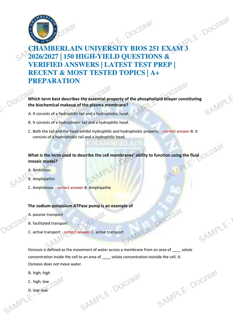 Preview page 1 of CHAMBERLAIN UNIVERSITY BIOS 251 EXAM 3 2026/2027 | 150 HIGH-YIELD QUESTIONS & VERIFIED ANSWERS | LATEST TEST PREP | RECE