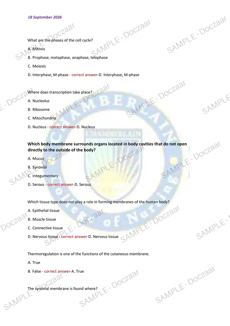 Preview page 6 of CHAMBERLAIN UNIVERSITY BIOS 251 EXAM 3 2026/2027 | 150 HIGH-YIELD QUESTIONS & VERIFIED ANSWERS | LATEST TEST PREP | RECE