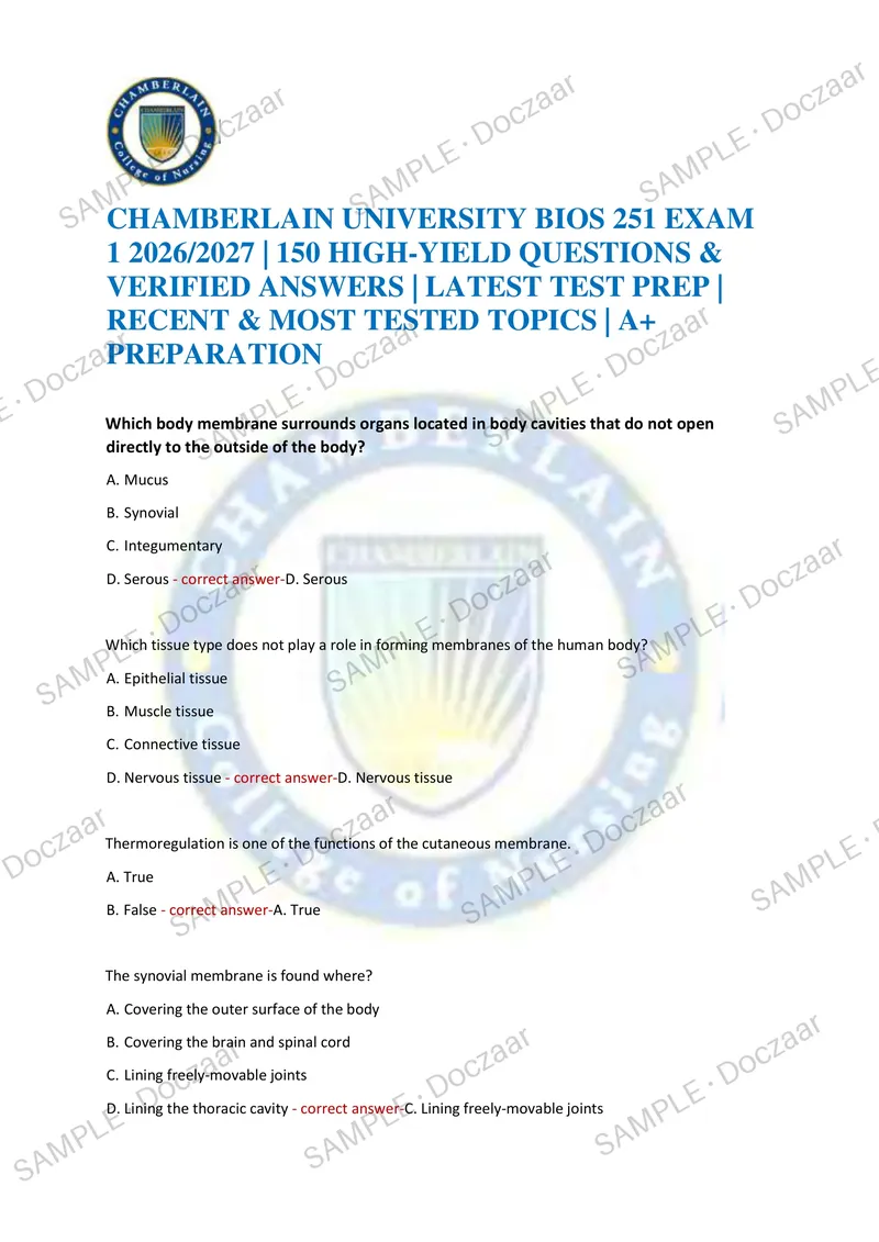 Preview page 1 of CHAMBERLAIN UNIVERSITY BIOS 251 EXAM 1 2026/2027 | 150 HIGH-YIELD QUESTIONS & VERIFIED ANSWERS | LATEST TEST PREP | RECE