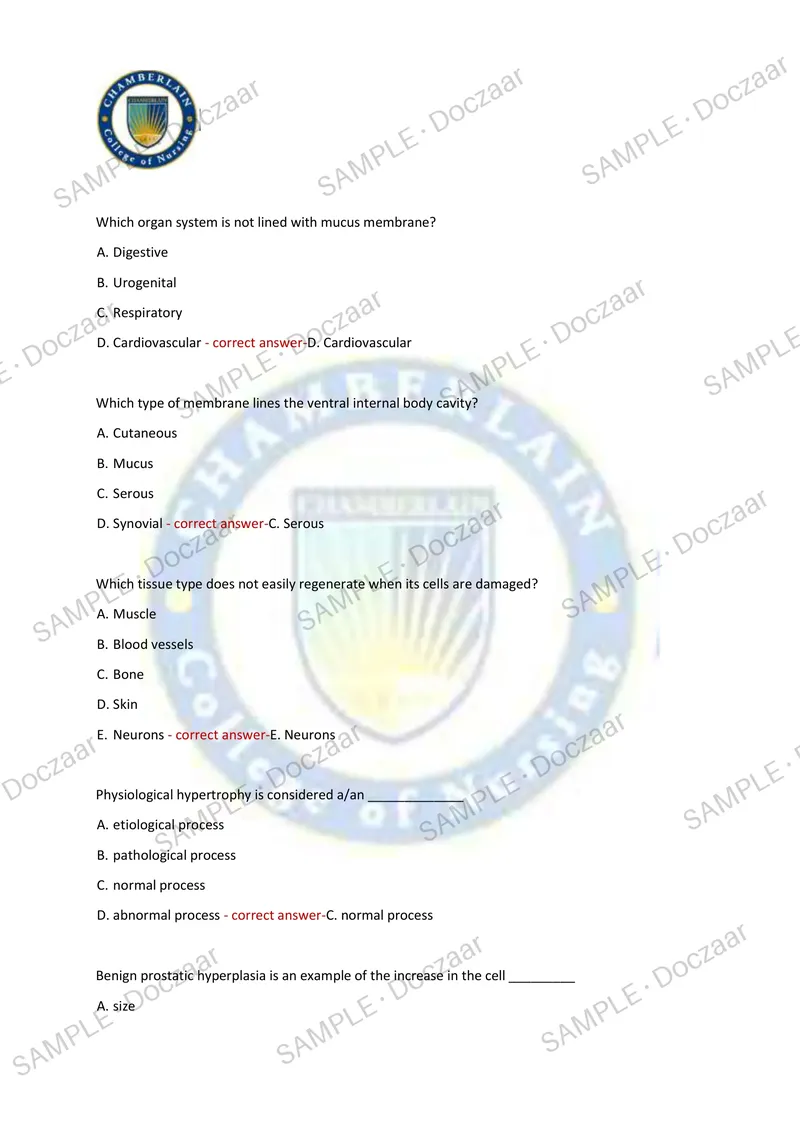 Preview page 4 of CHAMBERLAIN UNIVERSITY BIOS 251 EXAM 1 2026/2027 | 150 HIGH-YIELD QUESTIONS & VERIFIED ANSWERS | LATEST TEST PREP | RECE
