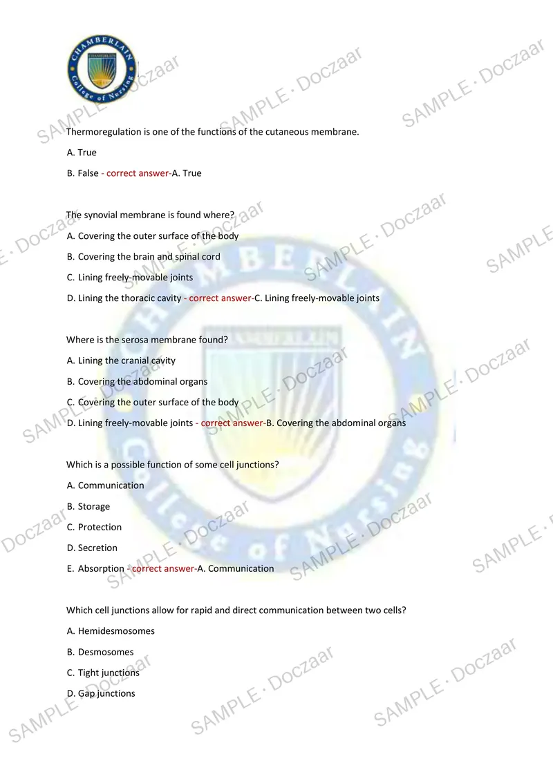 Preview page 10 of CHAMBERLAIN UNIVERSITY BIOS 251 EXAM 2 2026/2027 | 150 HIGH-YIELD QUESTIONS & VERIFIED ANSWERS | LATEST TEST PREP | RECE