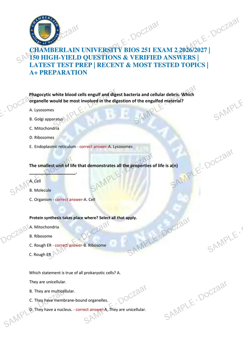 Preview page 1 of CHAMBERLAIN UNIVERSITY BIOS 251 EXAM 2 2026/2027 | 150 HIGH-YIELD QUESTIONS & VERIFIED ANSWERS | LATEST TEST PREP | RECE