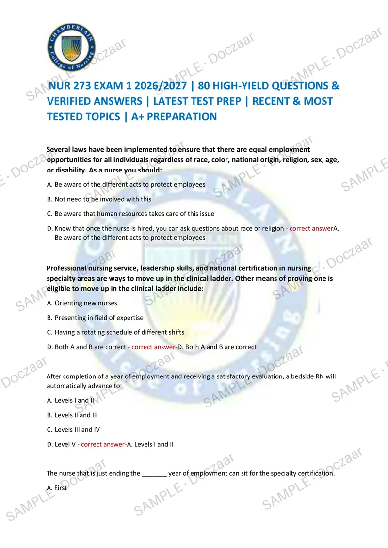 Preview page 1 of NUR 273 EXAM 1 2026/2027 | 80 HIGH-YIELD QUESTIONS & VERIFIED ANSWERS | LATEST TEST PREP | RECENT & MOST TESTED TOPICS |