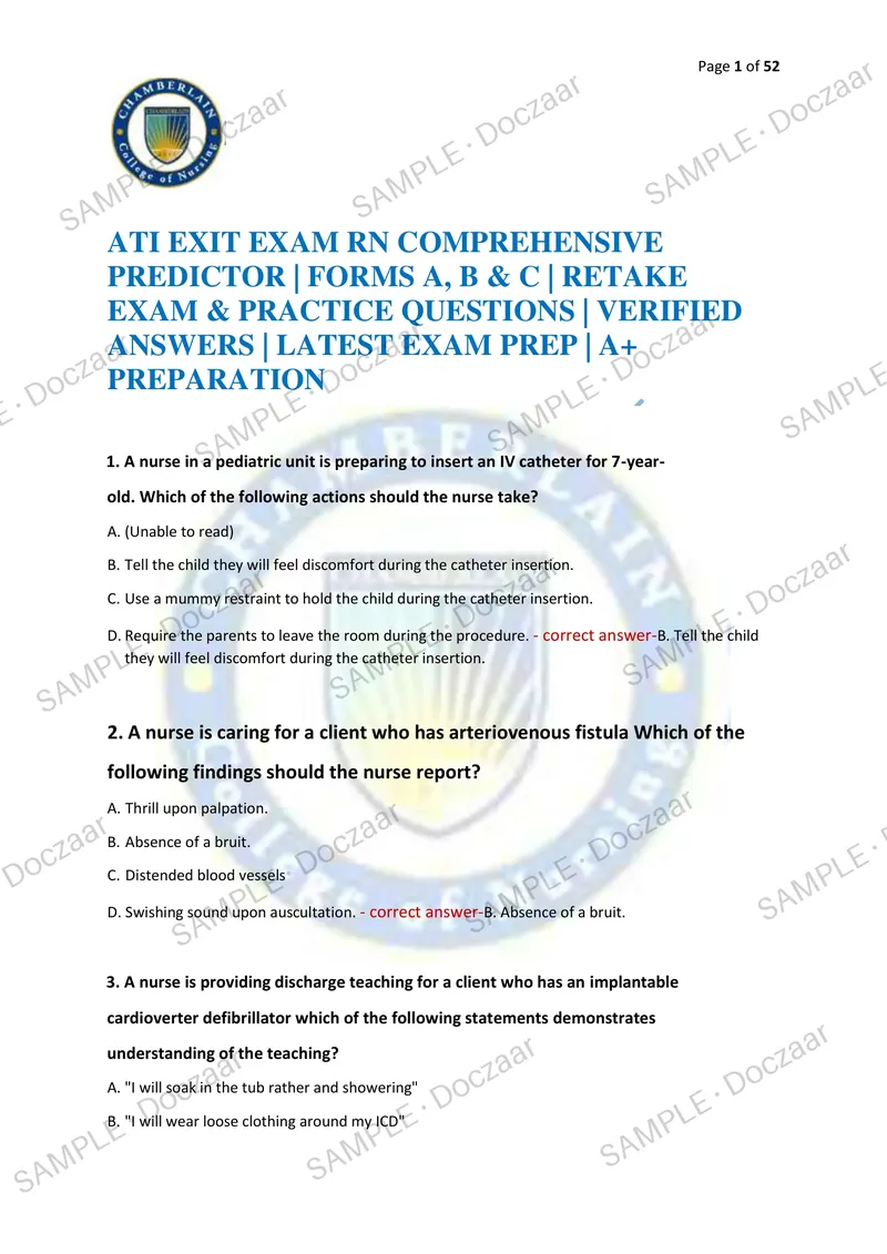 Preview page 1 of ATI EXIT EXAM RN COMPREHENSIVE PREDICTOR | FORMS A, B & C | RETAKE EXAM & PRACTICE QUESTIONS | VERIFIED ANSWERS | LATEST
