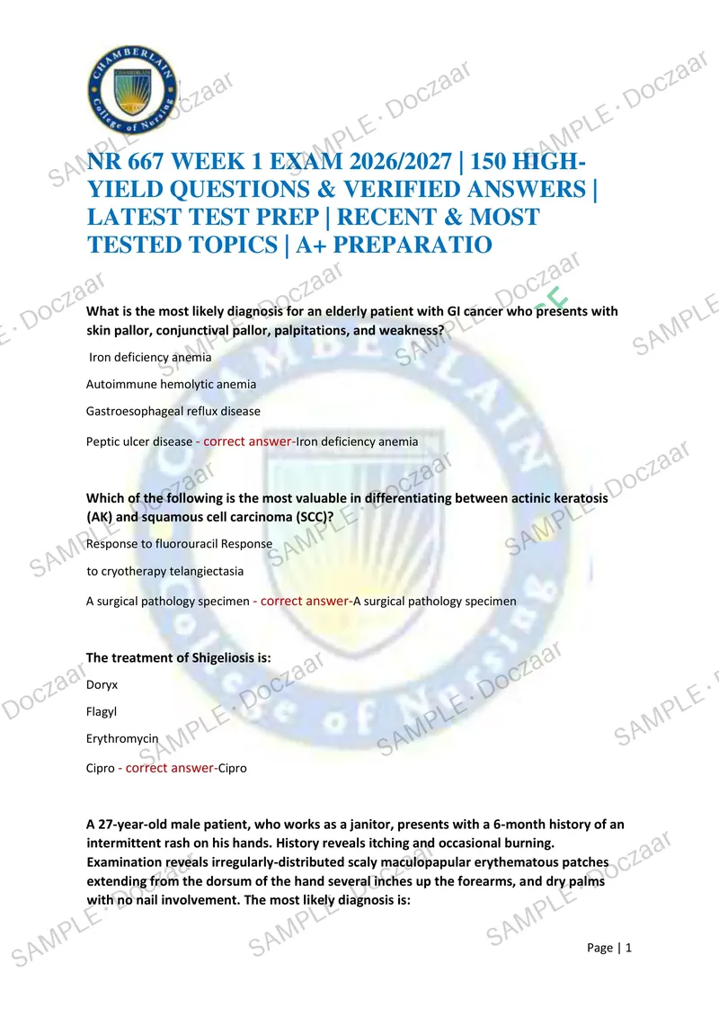 Preview page 1 of NR 667 WEEK 1 EXAM 2026/2027 | 150 HIGH-YIELD QUESTIONS & VERIFIED ANSWERS | LATEST TEST PREP | RECENT & MOST TESTED TOP