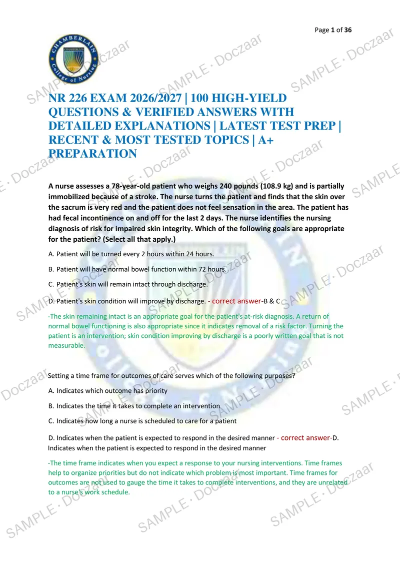 Preview page 1 of NR 226 EXAM 2026/2027 | 100 HIGH-YIELD QUESTIONS & VERIFIED ANSWERS WITH DETAILED EXPLANATIONS | LATEST TEST PREP | RECE