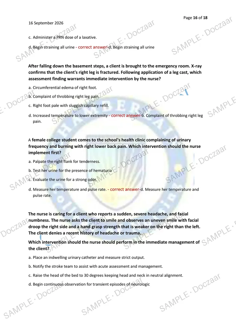 Preview page 16 of BSN HESI 266 EXAM 2026/2027 | 80 HIGH-YIELD QUESTIONS & VERIFIED ANSWERS | LATEST TEST PREP | RECENT & MOST TESTED TOPIC