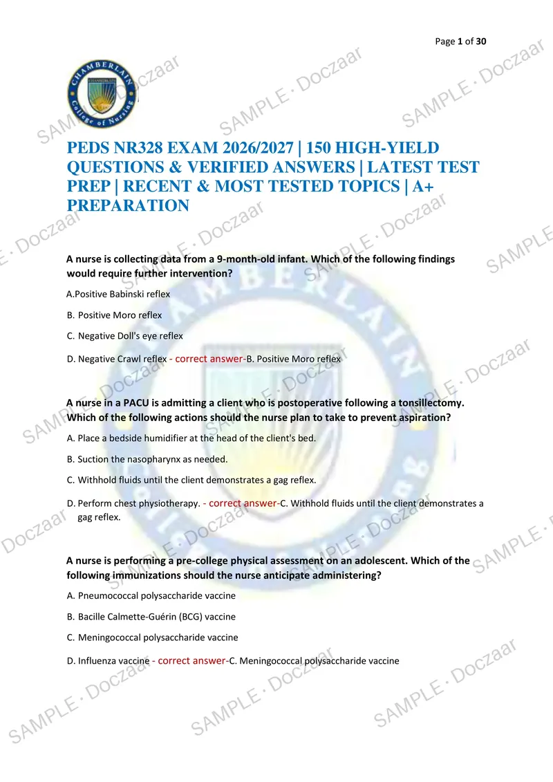 Preview page 1 of PEDS NR328 EXAM 2026/2027 | 150 HIGH-YIELD QUESTIONS & VERIFIED ANSWERS | LATEST TEST PREP | RECENT & MOST TESTED TOPICS
