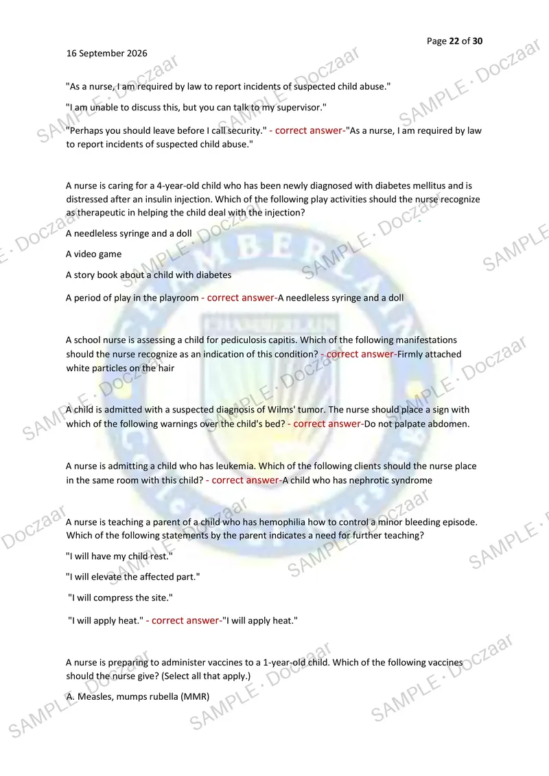 Preview page 22 of PEDS NR328 EXAM 2026/2027 | 150 HIGH-YIELD QUESTIONS & VERIFIED ANSWERS | LATEST TEST PREP | RECENT & MOST TESTED TOPICS