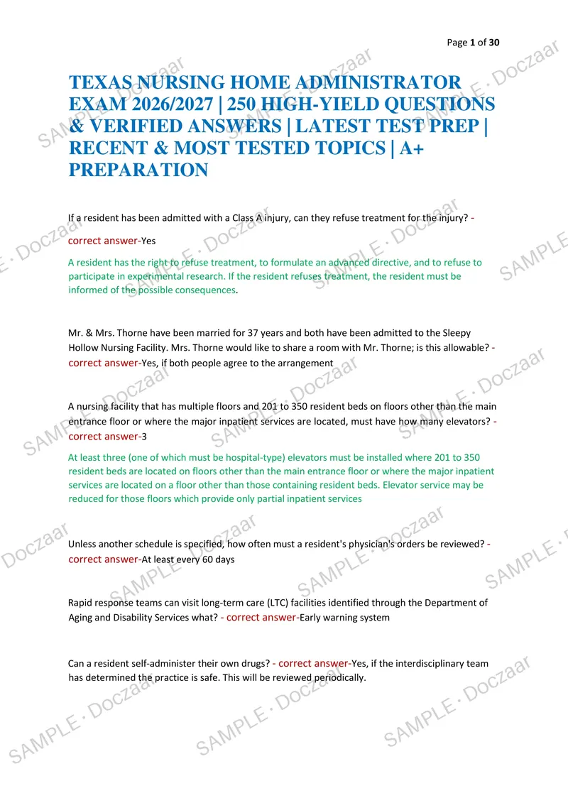 Preview page 1 of TEXAS NURSING HOME ADMINISTRATOR EXAM 2026/2027 | 250 HIGH-YIELD QUESTIONS & VERIFIED ANSWERS | LATEST TEST PREP | RECEN
