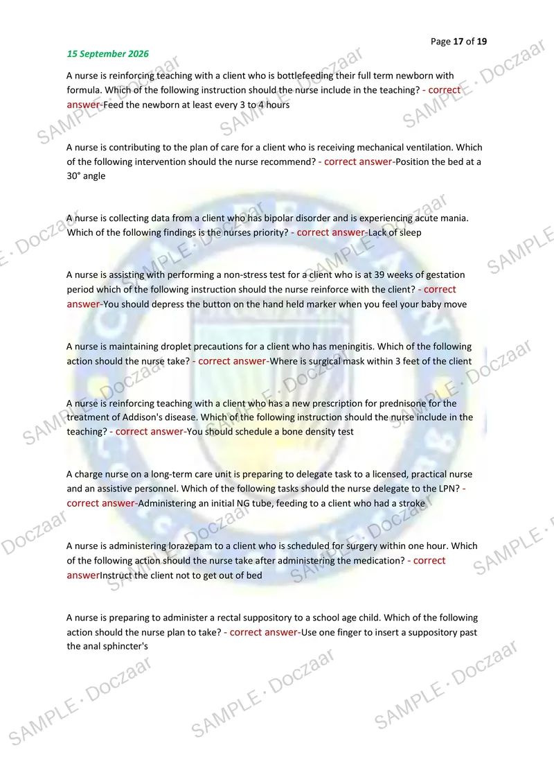 Preview page 17 of ATI PRACTICE EXAM NG 2026/2027 | 150 HIGH-YIELD QUESTIONS & VERIFIED ANSWERS | LATEST TEST PREP | RECENT & MOST TESTED T