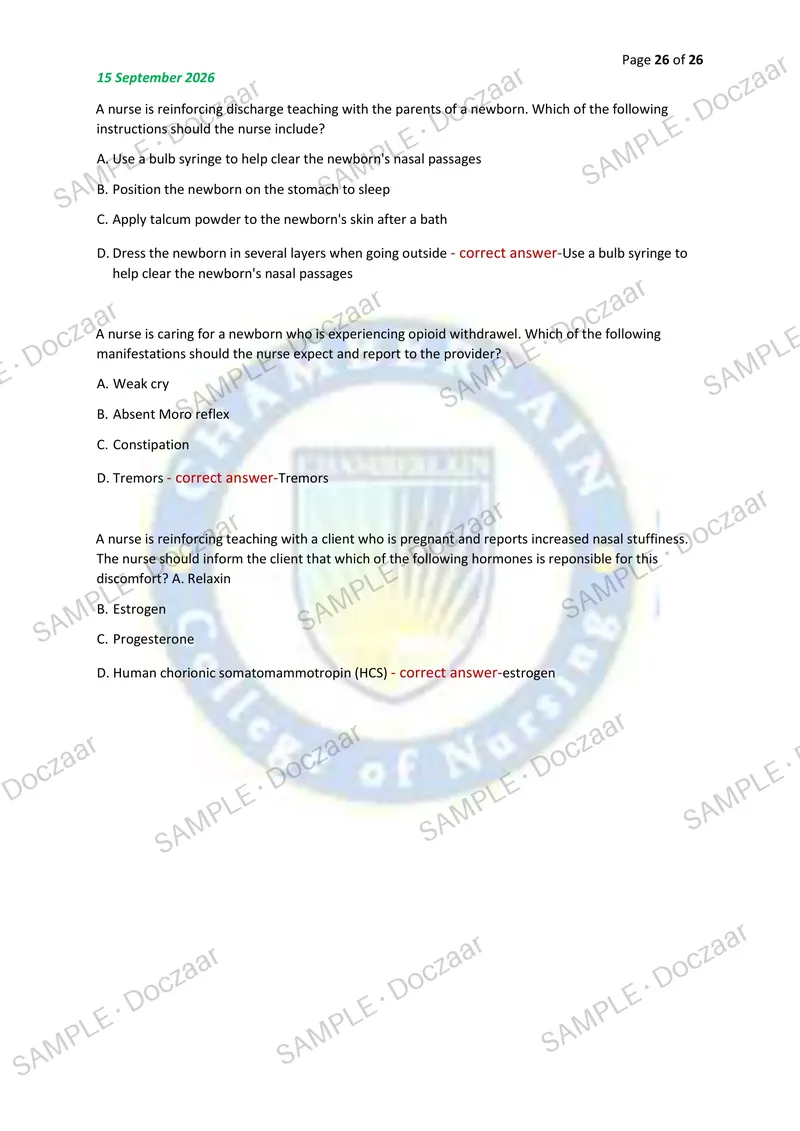 Preview page 26 of ATI MATERNAL/NEWBORN EXAM 2026/2027 | 100 HIGH-YIELD QUESTIONS & VERIFIED ANSWERS | LATEST TEST PREP | RECENT & MOST TES