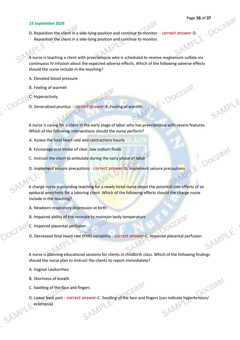 Preview page 26 of OB FINAL EXAM 2026/2027 | 150 HIGH-YIELD QUESTIONS & VERIFIED ANSWERS | LATEST TEST PREP | RECENT & MOST TESTED TOPICS |