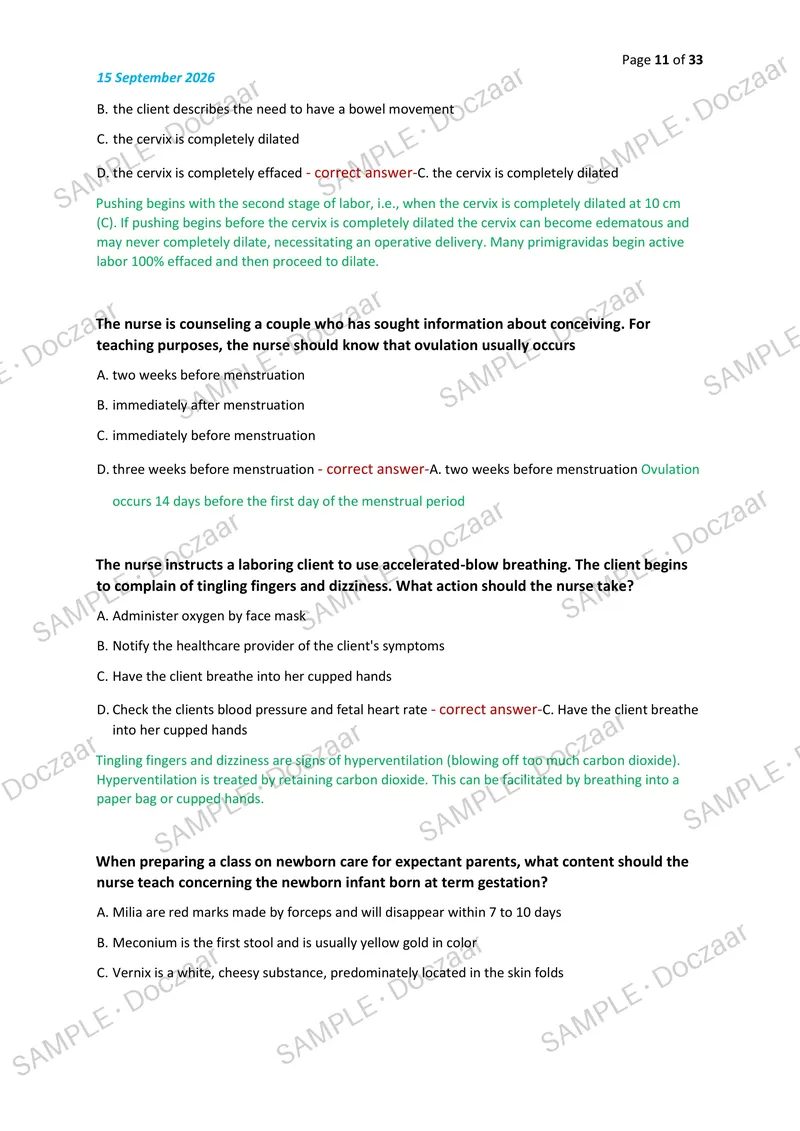 Preview page 11 of HESI OB/Maternity NEWEST 2026/2027 ACTUAL EXAM  100 QUESTIONS AND CORRECT (VERIFIED ANSWERS)  COVERING RECENT AND MOST T