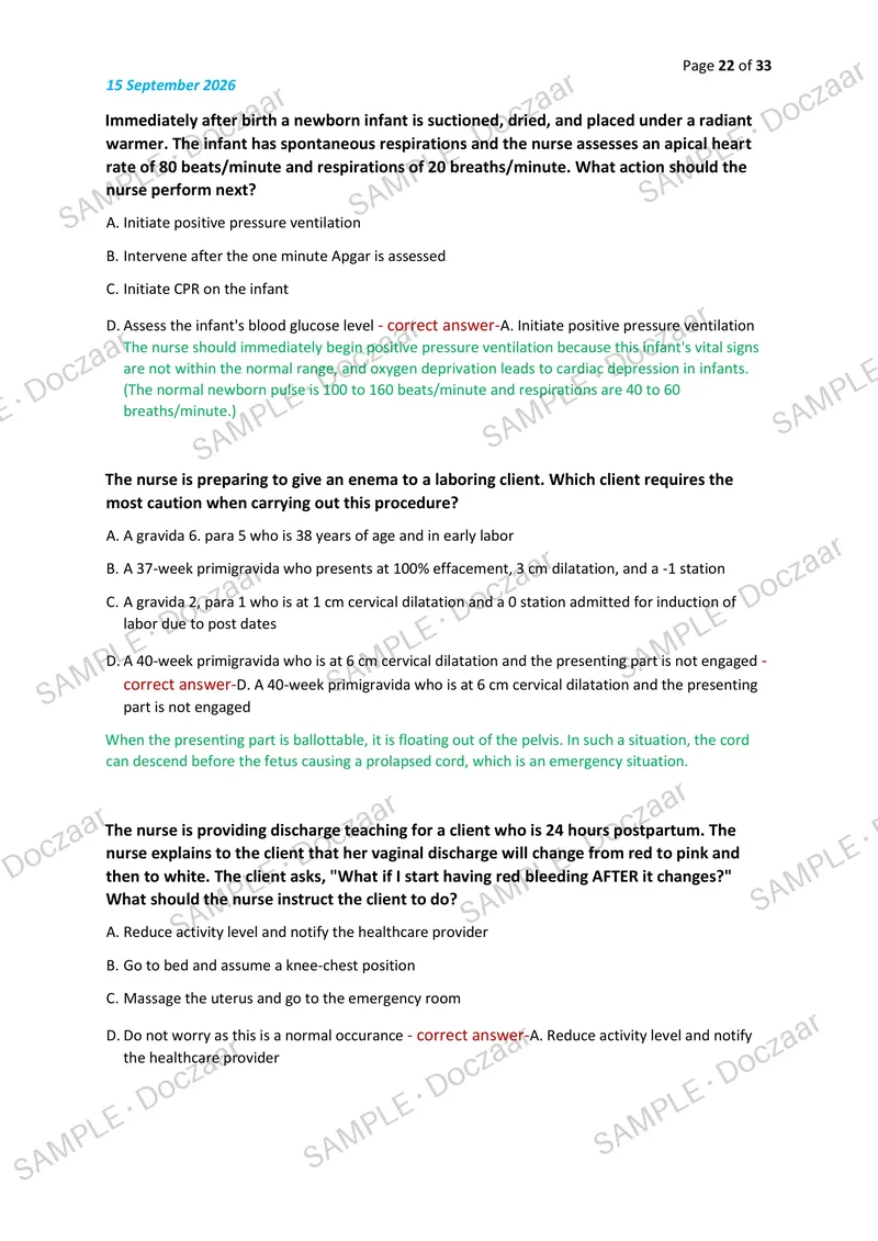 Preview page 22 of HESI OB/Maternity NEWEST 2026/2027 ACTUAL EXAM  100 QUESTIONS AND CORRECT (VERIFIED ANSWERS)  COVERING RECENT AND MOST T