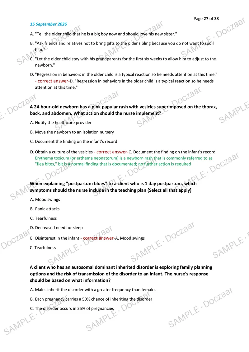 Preview page 27 of HESI OB/Maternity NEWEST 2026/2027 ACTUAL EXAM  100 QUESTIONS AND CORRECT (VERIFIED ANSWERS)  COVERING RECENT AND MOST T
