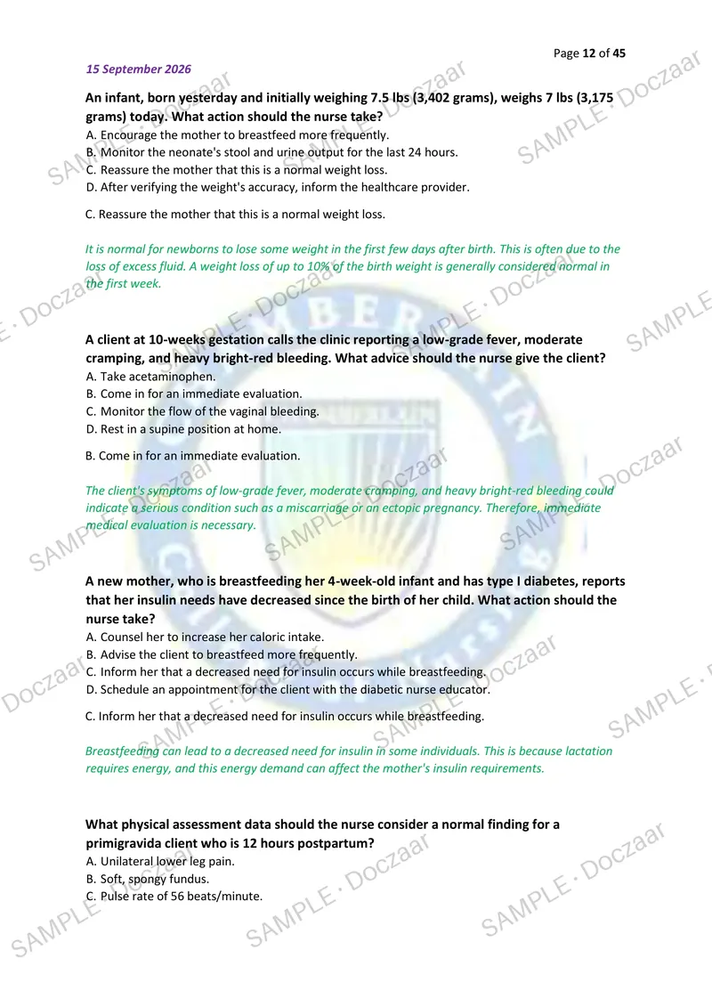 Preview page 12 of OB HESI NAXLEX EXAM 2026/2027 | 150 HIGH-YIELD QUESTIONS & VERIFIED ANSWERS WITH DETAILED EXPLANATIONS | LATEST TEST PRE