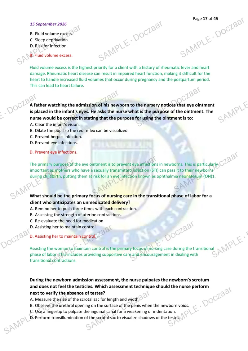 Preview page 17 of OB HESI NAXLEX EXAM 2026/2027 | 150 HIGH-YIELD QUESTIONS & VERIFIED ANSWERS WITH DETAILED EXPLANATIONS | LATEST TEST PRE