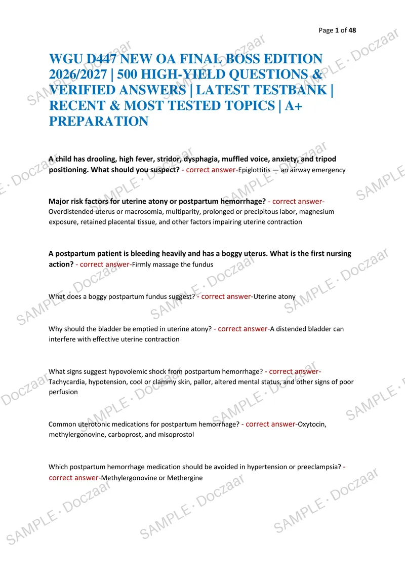 Preview page 1 of WGU D447 NEW OA FINAL BOSS EDITION 2026/2027 | 500 HIGH-YIELD QUESTIONS & VERIFIED ANSWERS | LATEST TESTBANK | RECENT &